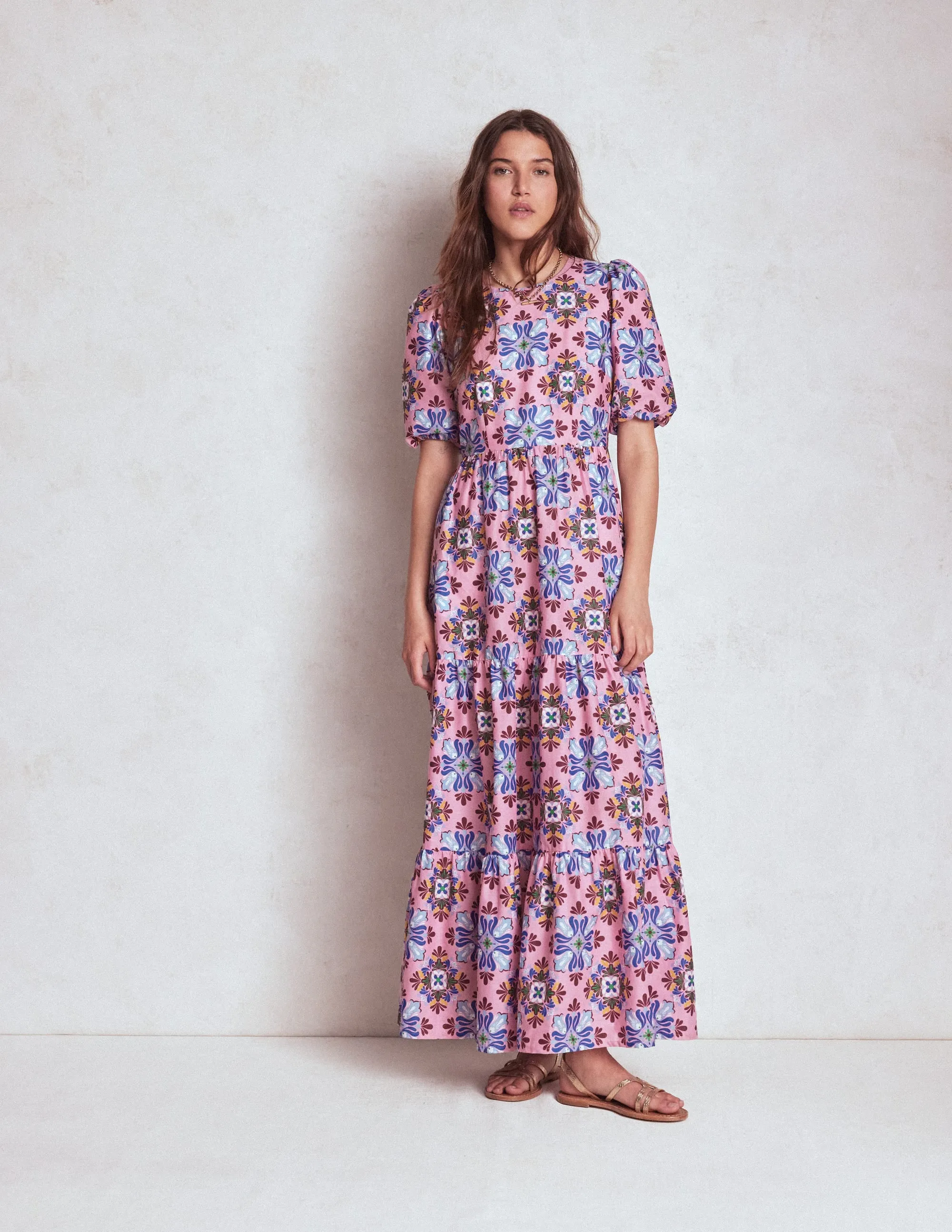 Tiered Poplin Maxi Dress-Formica Pink, Bloom Mosaic