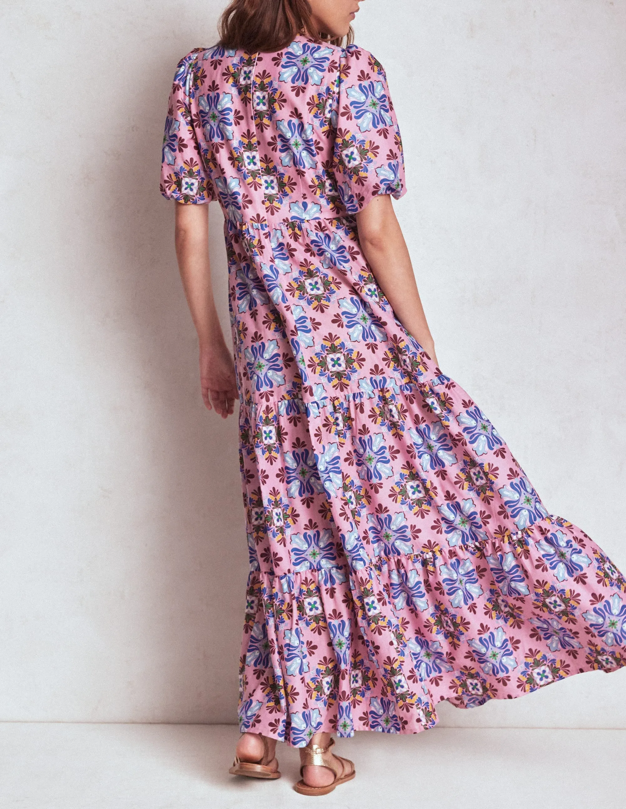 Tiered Poplin Maxi Dress-Formica Pink, Bloom Mosaic