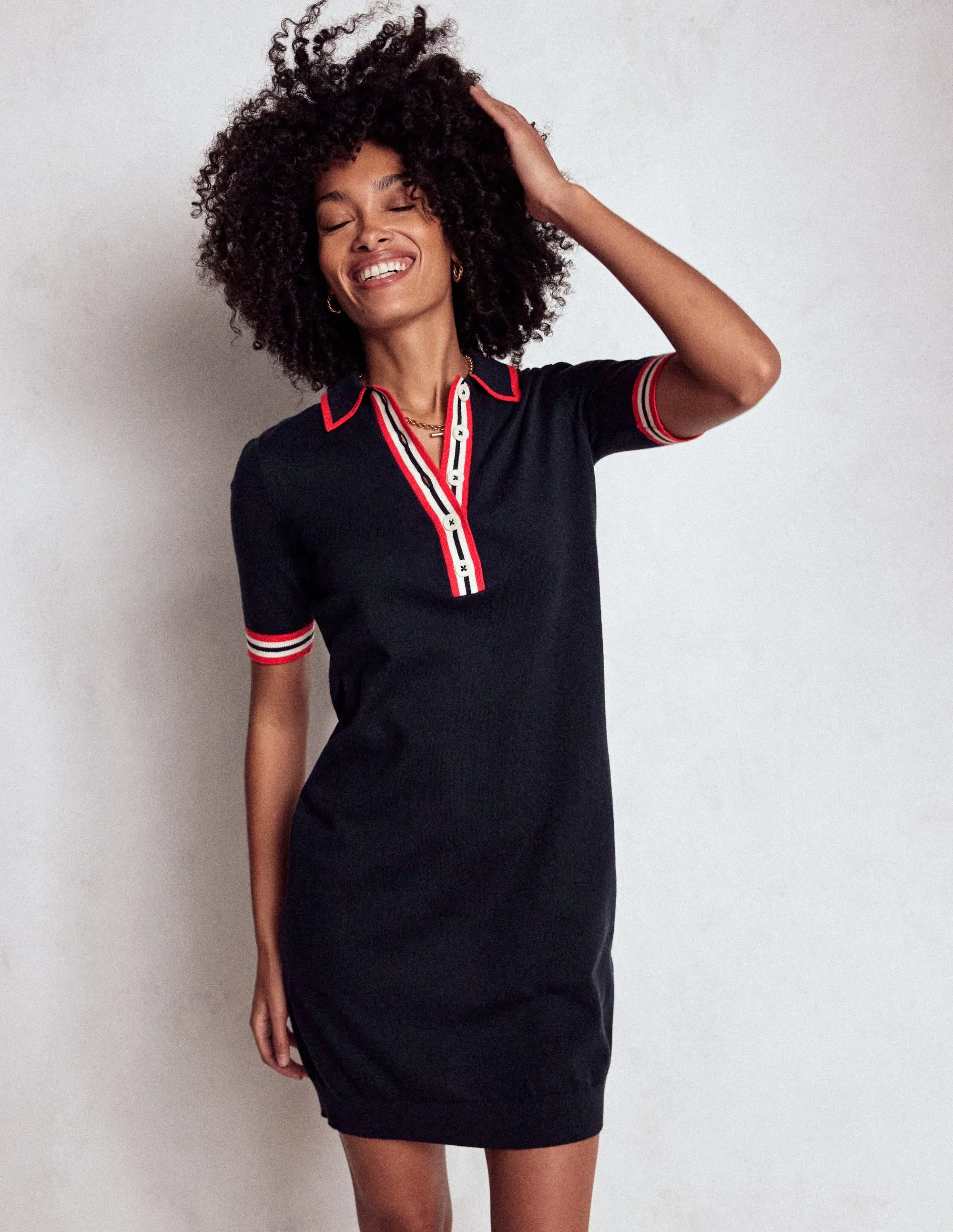 Tipped Henley Dress-Navy