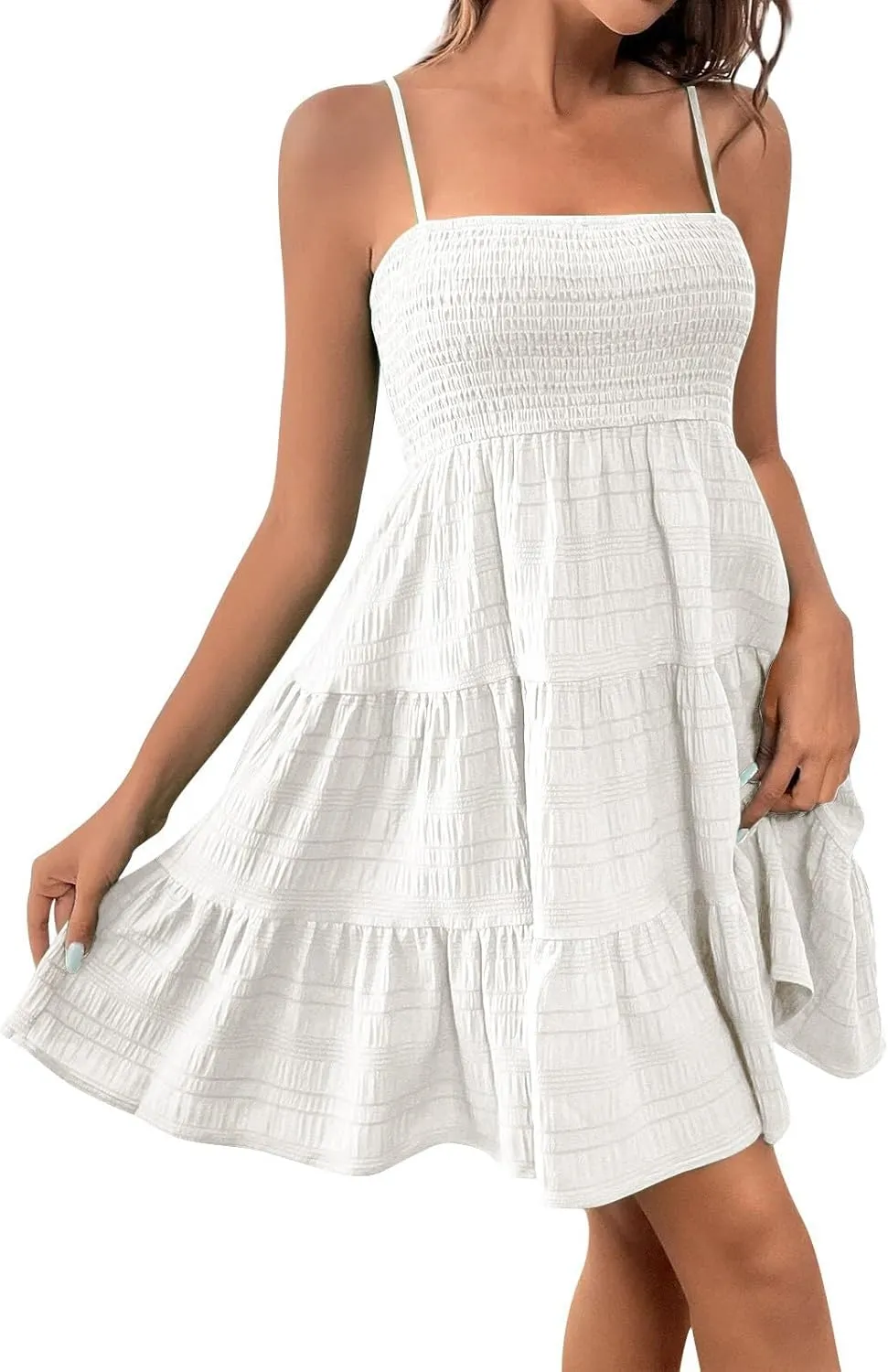 TWGONE Summer Dresses for Teens Spaghetti Strap Cute Short Mini Sundress Women Sleeveless Smock Cami Dress Date Night Outfit