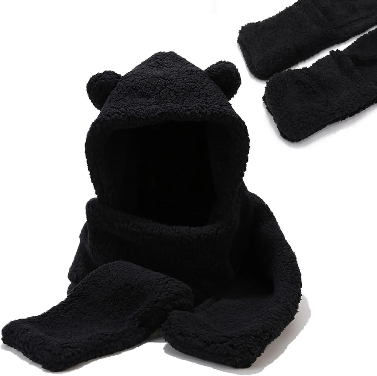 Umeepar Winter Faux Fur Bear Ear Sherpa Hood Hat Scarf Gloves 3 in 1 Hooded Scarf for Women Men