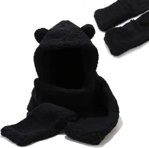Umeepar Winter Faux Fur Bear Ear Sherpa Hood Hat Scarf Gloves 3 in 1 Hooded Scarf for Women Men