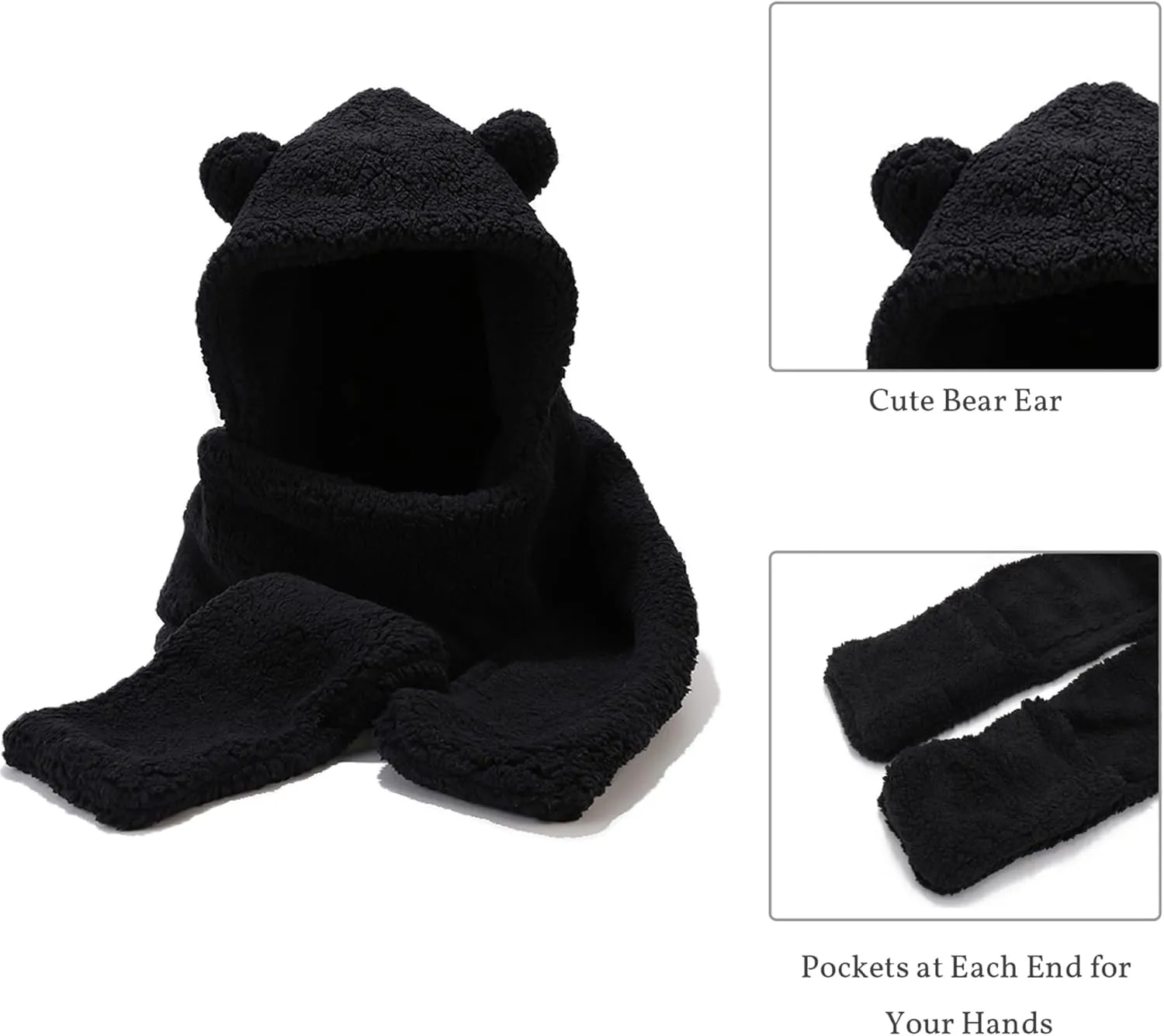 Umeepar Winter Faux Fur Bear Ear Sherpa Hood Hat Scarf Gloves 3 in 1 Hooded Scarf for Women Men