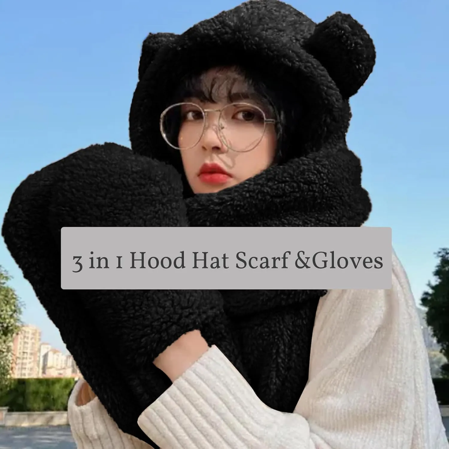 Umeepar Winter Faux Fur Bear Ear Sherpa Hood Hat Scarf Gloves 3 in 1 Hooded Scarf for Women Men