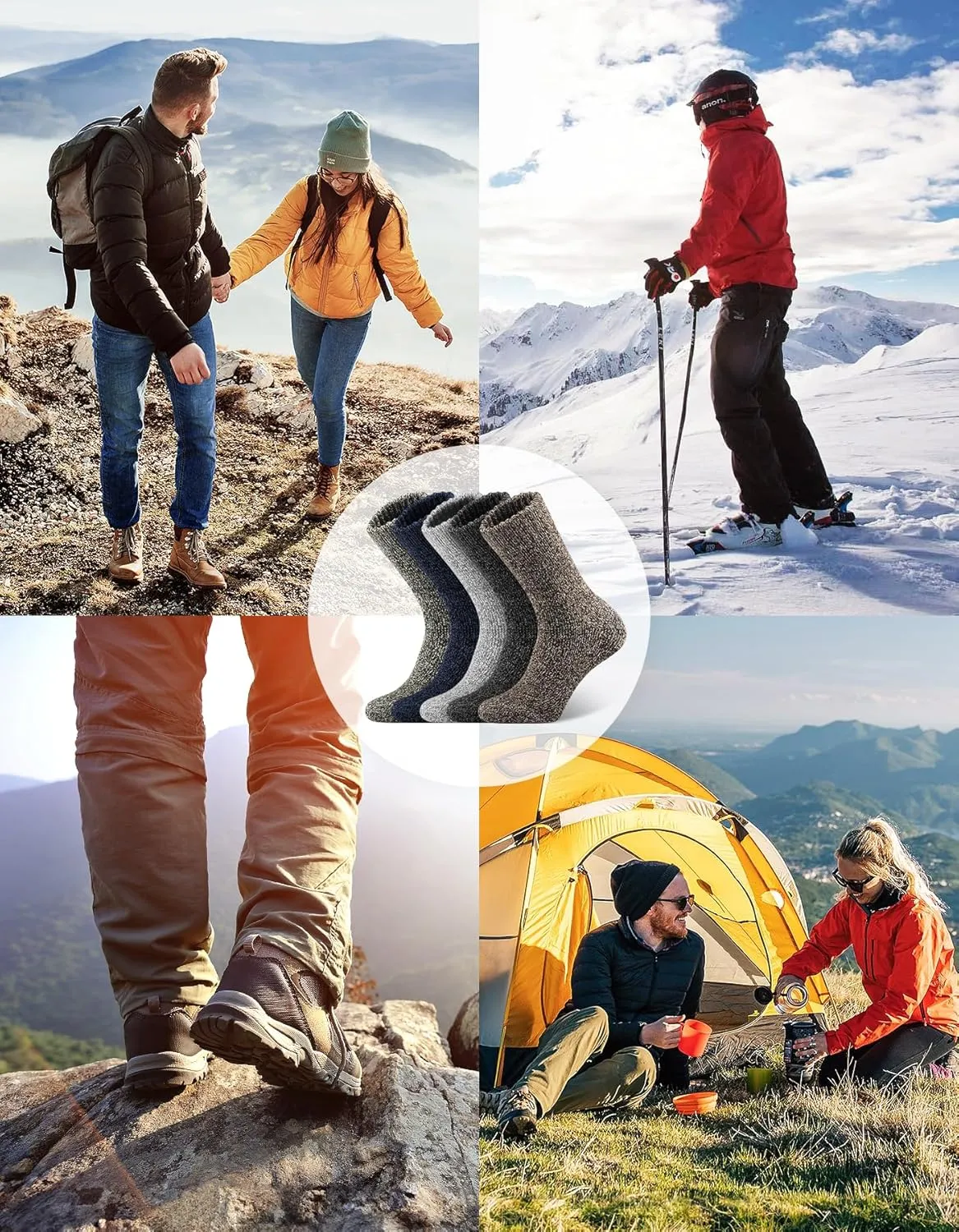 UUMIAER 5 Pairs Merino Wool Socks for Men, Thermal Wool Hiking Socks Supper Thick Winter Crew Socks (US Size 7-13)