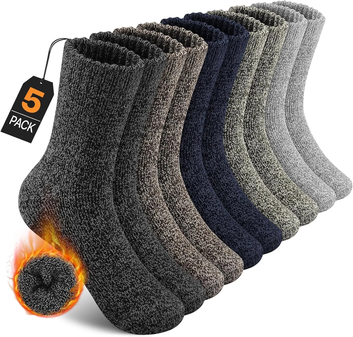UUMIAER 5 Pairs Merino Wool Socks for Men, Thermal Wool Hiking Socks Supper Thick Winter Crew Socks (US Size 7-13)