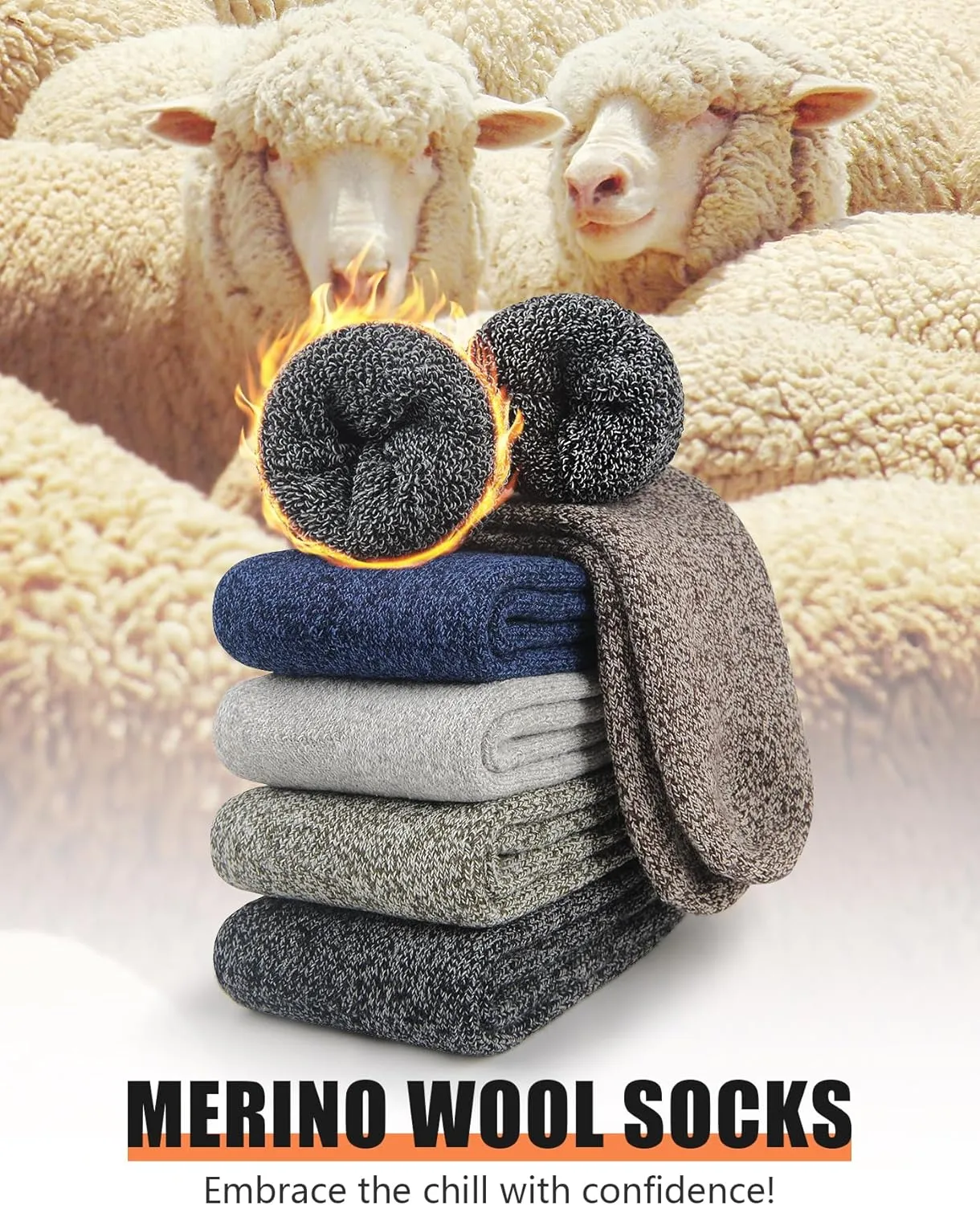 UUMIAER 5 Pairs Merino Wool Socks for Men, Thermal Wool Hiking Socks Supper Thick Winter Crew Socks (US Size 7-13)