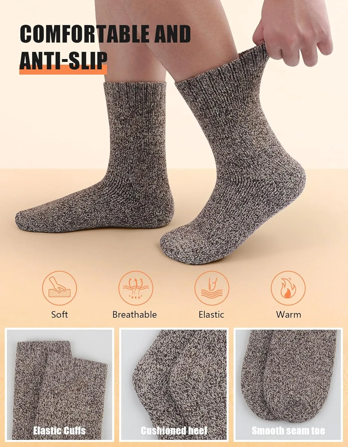 UUMIAER 5 Pairs Merino Wool Socks for Men, Thermal Wool Hiking Socks Supper Thick Winter Crew Socks (US Size 7-13)