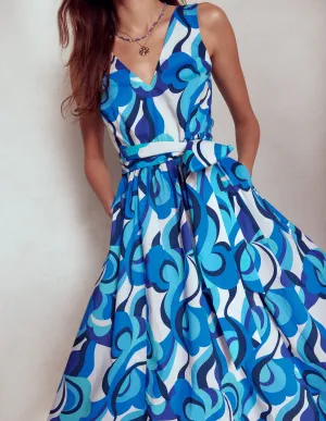 V-Neck Belted Flare Dress-Blue, Abstract Swirl