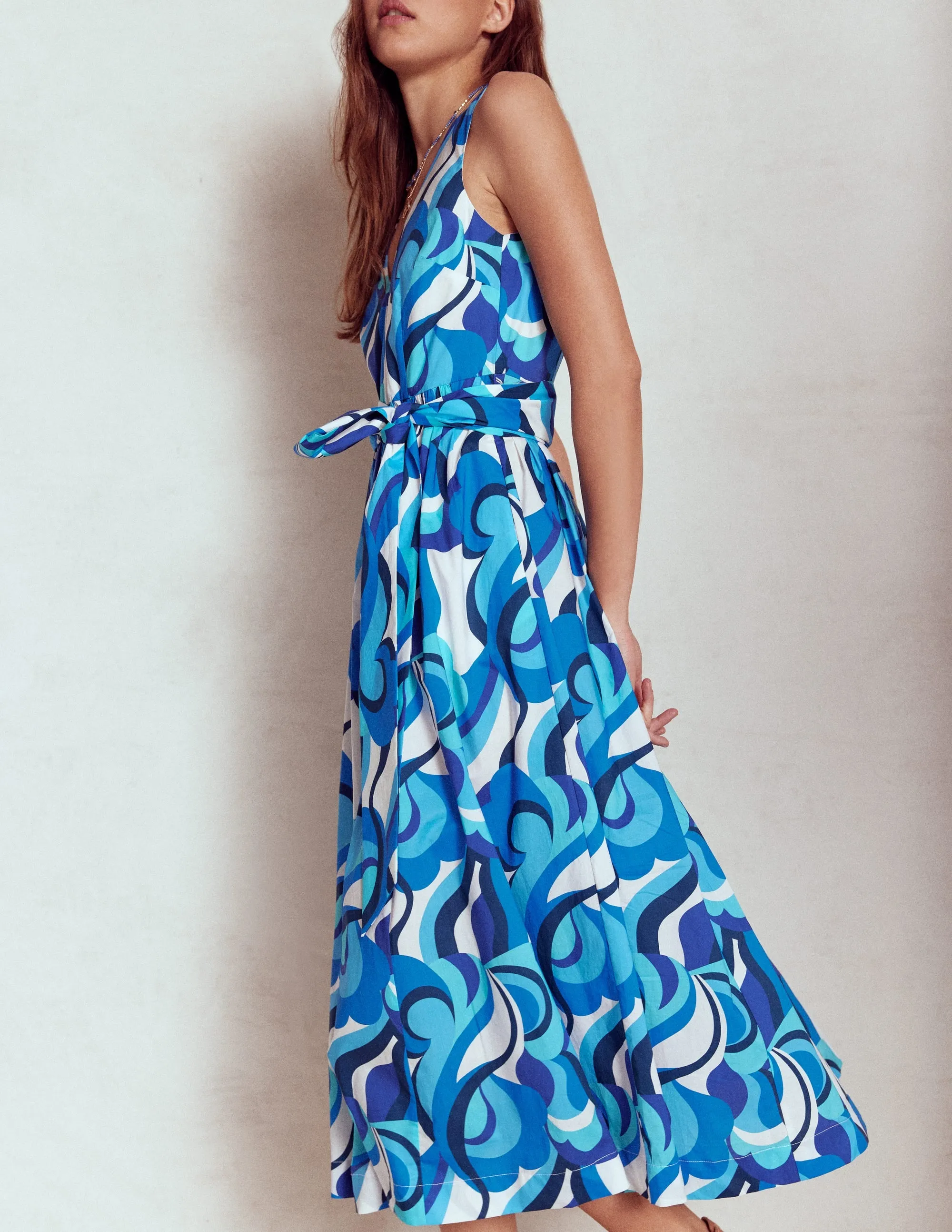 V-Neck Belted Flare Dress-Blue, Abstract Swirl