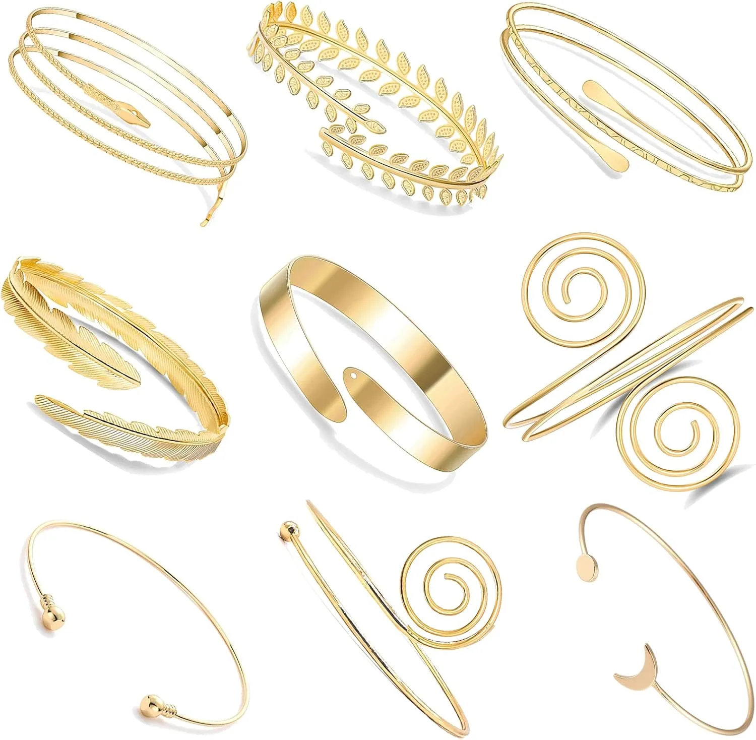 WAINIS 9 PCS Pieces Arm Cuff Upper Arm Band Cuff Bracelet Bangle for Women Silver Gold Adjustable Armband Set