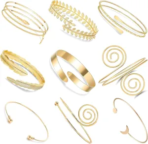 WAINIS 9 PCS Pieces Arm Cuff Upper Arm Band Cuff Bracelet Bangle for Women Silver Gold Adjustable Armband Set