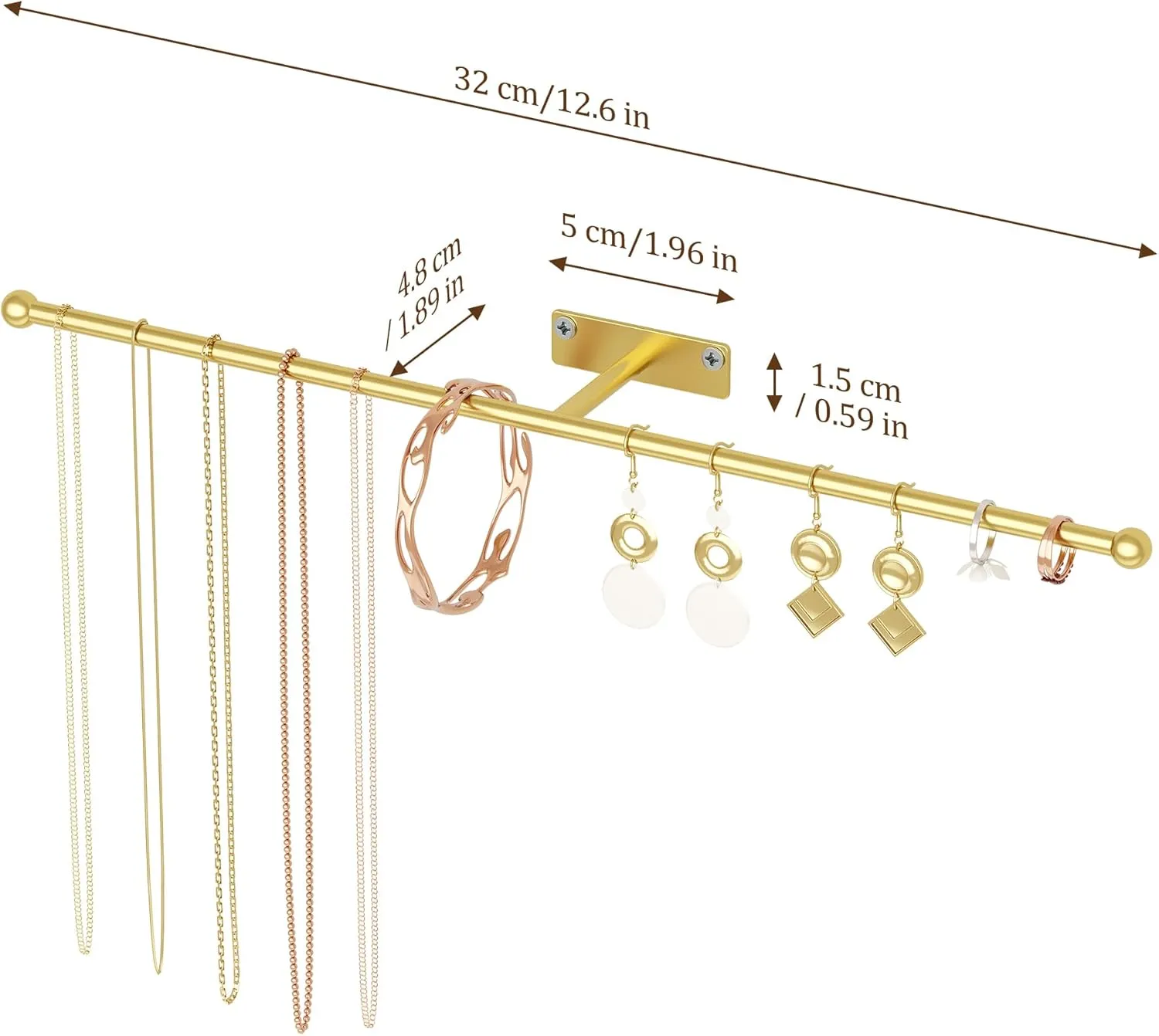 Wall Hanging Jewelry Organizer: 12.6'' Necklace Holder for Earring, Bracelet, Rings, Hairband, Glasses, Gold 2-Pack, Screws Included