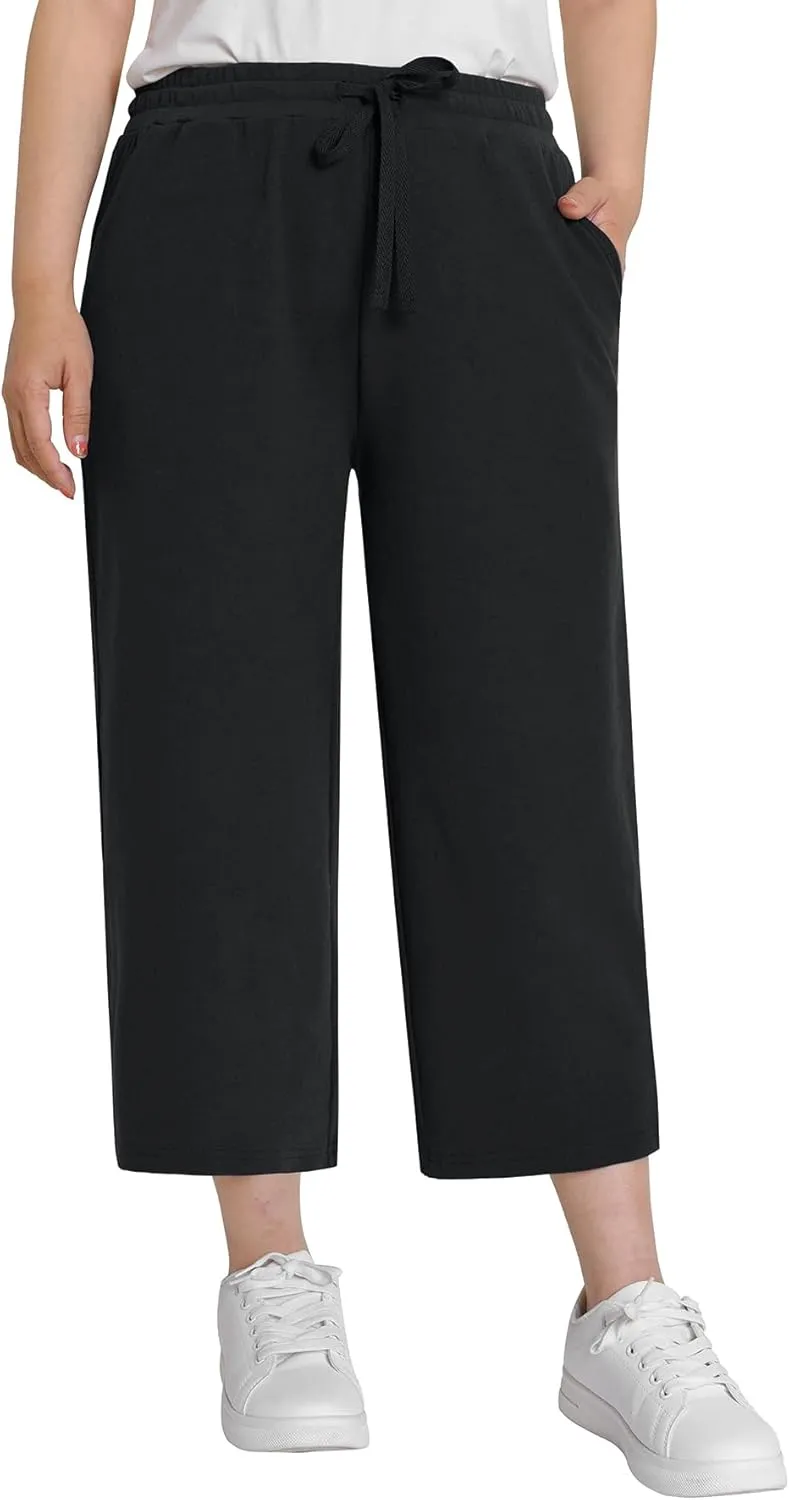 Weintee Women's Wide Leg Cotton Capri Pants with Pockets