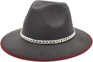 Wide Brim Fedora Cap for Women Men Solid Color Dress Hat Panama Hat with Belt Chain
