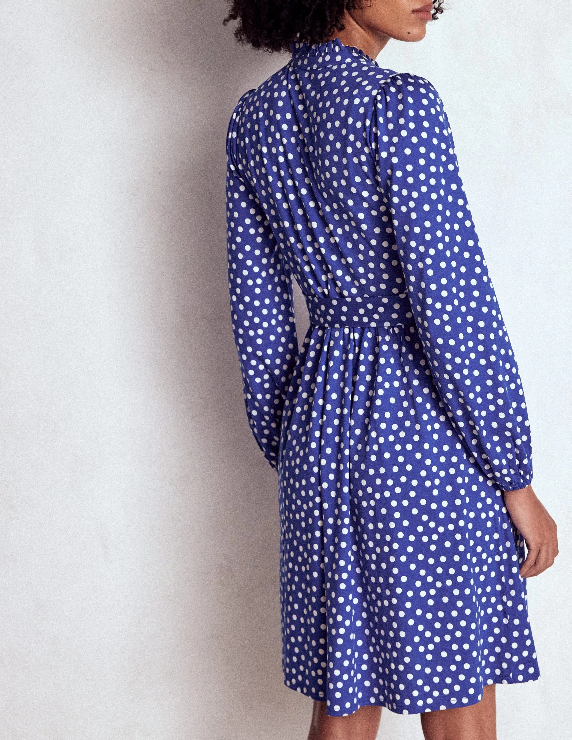 Willow Ruffle Neck Shirt Dress-Bright Blue, Dot