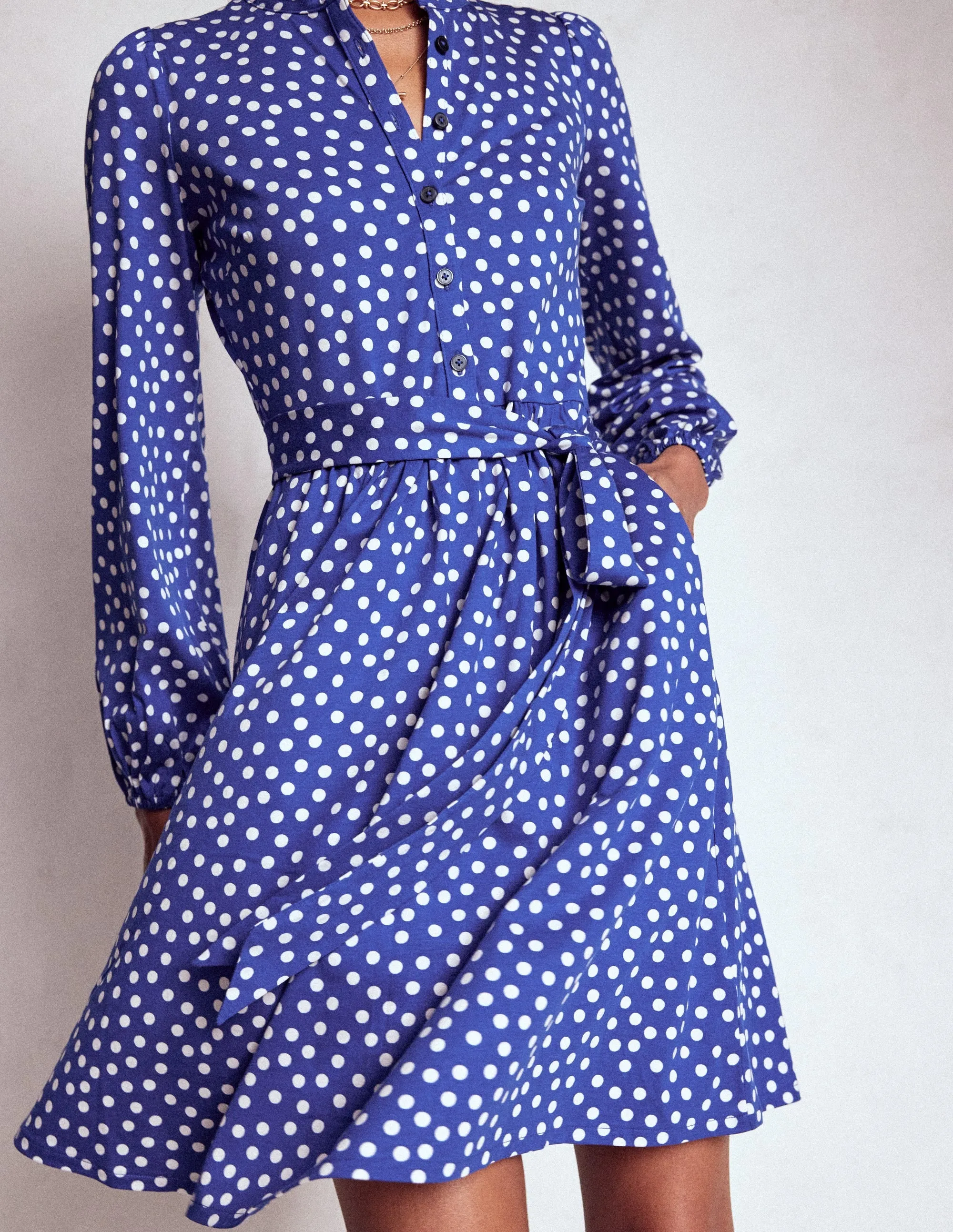 Willow Ruffle Neck Shirt Dress-Bright Blue, Dot