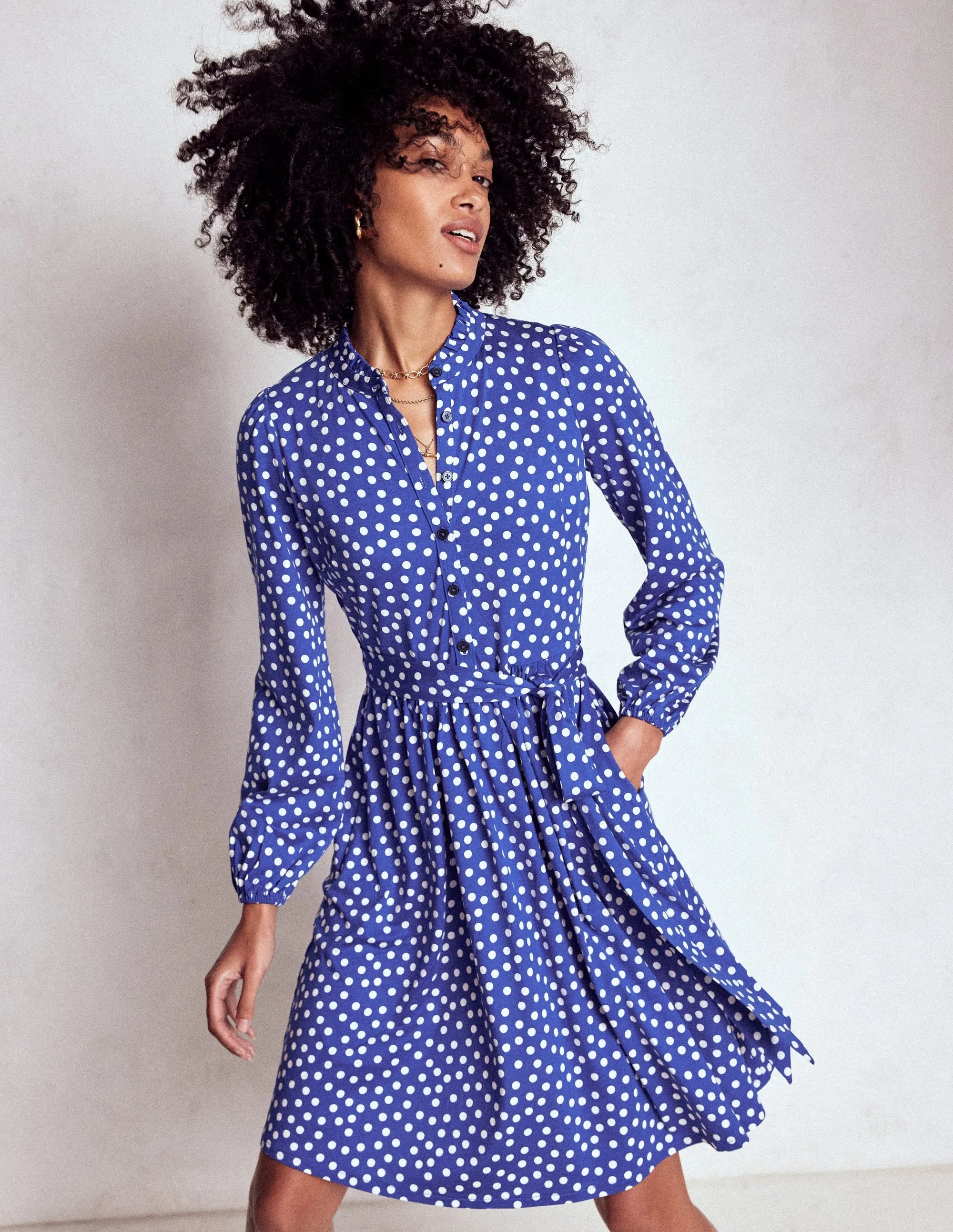 Willow Ruffle Neck Shirt Dress-Bright Blue, Dot