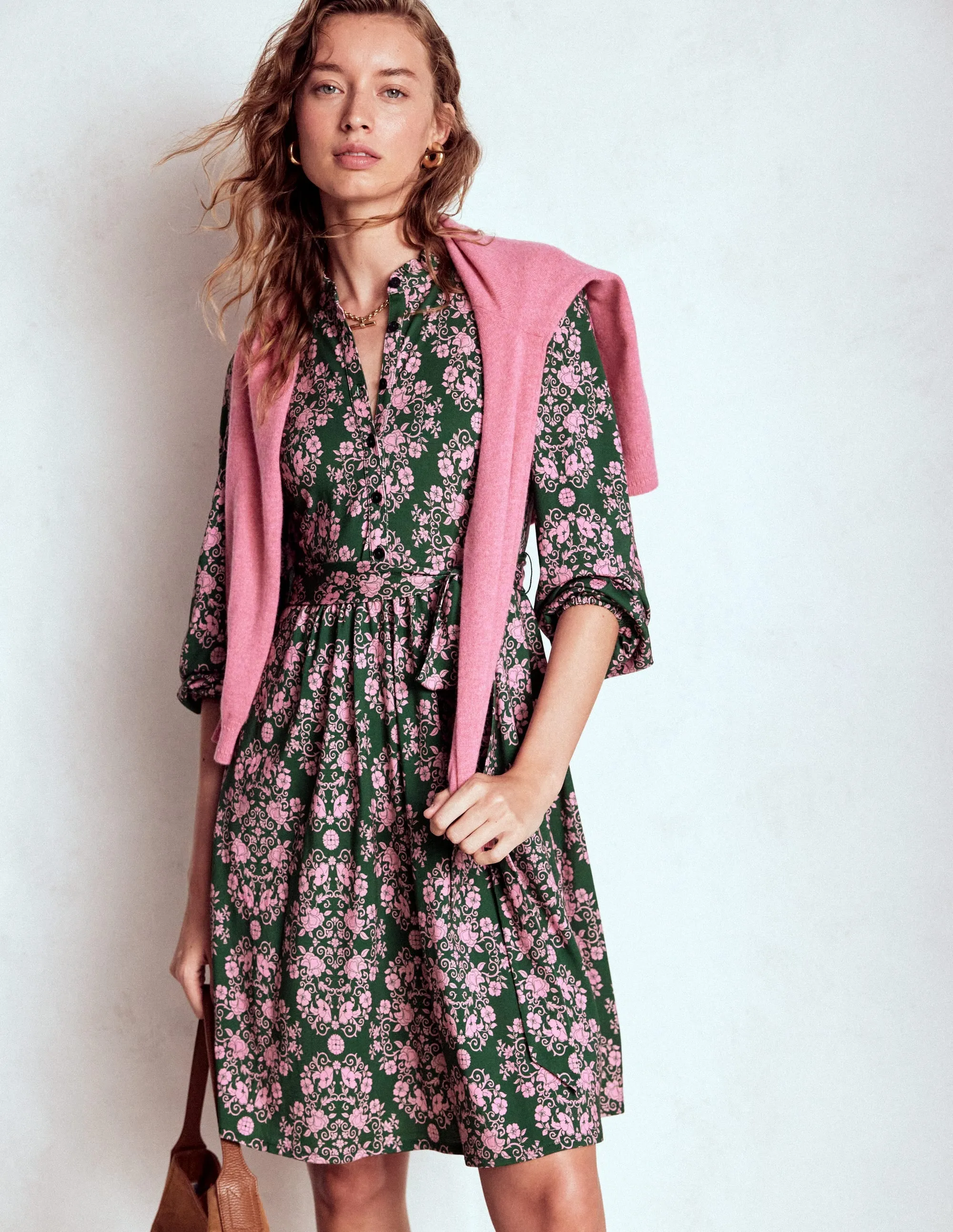 Willow Ruffle Neck Shirt Dress-Green, Ornamental Lattice