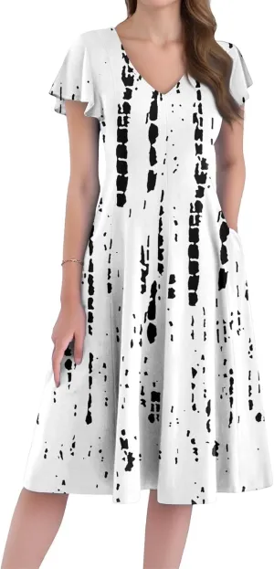 Women Dresses Elegant Floral Sundress Short Sleeve V-Neck A-Line Midi Dress Vintage Casual 2025 Summer Dresses