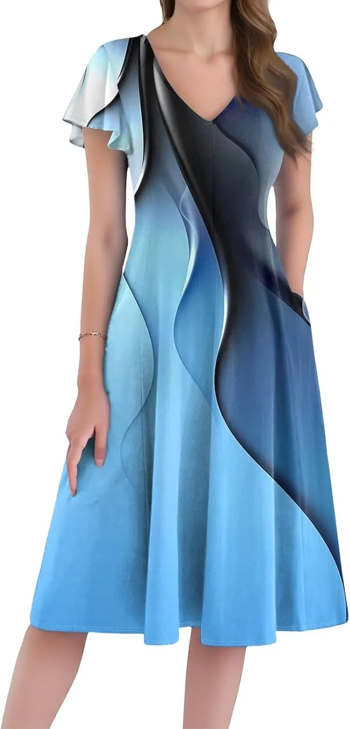 Women Dresses Elegant Floral Sundress Short Sleeve V-Neck A-Line Midi Dress Vintage Casual 2025 Summer Dresses