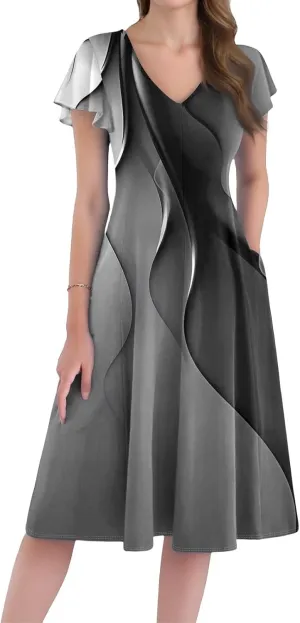 Women Dresses Elegant Floral Sundress Short Sleeve V-Neck A-Line Midi Dress Vintage Casual 2025 Summer Dresses