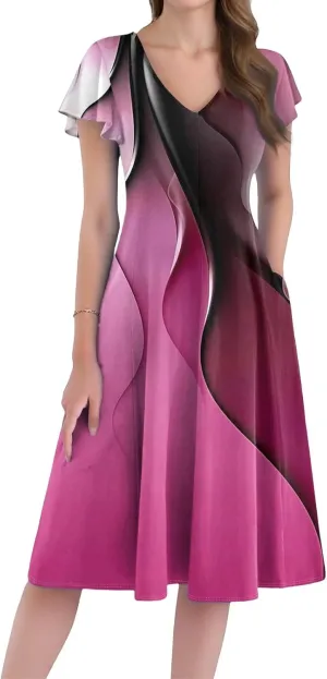Women Dresses Elegant Floral Sundress Short Sleeve V-Neck A-Line Midi Dress Vintage Casual 2025 Summer Dresses