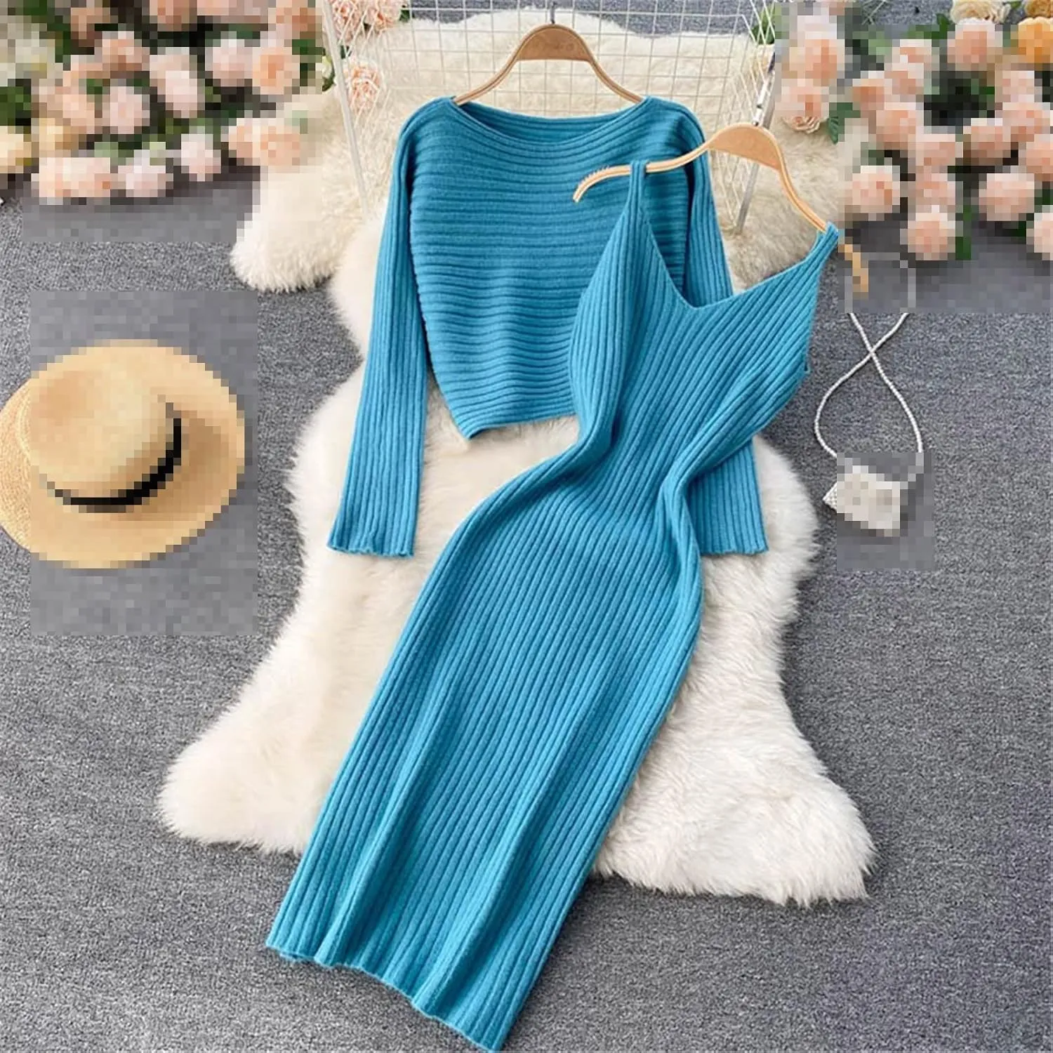 Women Elegant Slim Two Piece Sets Female Sweater Dress Autumn Winter High Waist Knitted Medium Long Party Dresses