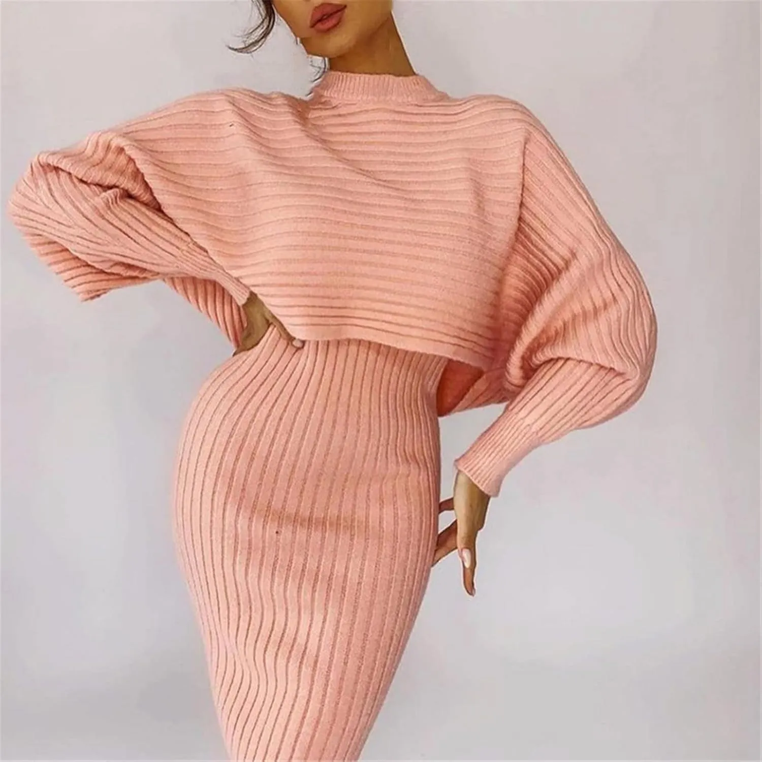 Women Elegant Slim Two Piece Sets Female Sweater Dress Autumn Winter High Waist Knitted Medium Long Party Dresses