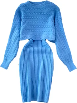 Women Elegant Slim Two Piece Sets Female Sweater Dress Autumn Winter High Waist Knitted Medium Long Party Dresses