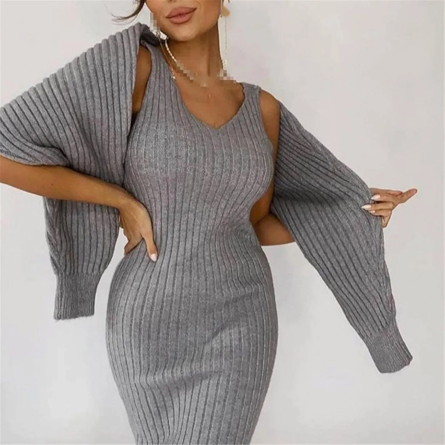 Women Elegant Slim Two Piece Sets Female Sweater Dress Autumn Winter High Waist Knitted Medium Long Party Dresses