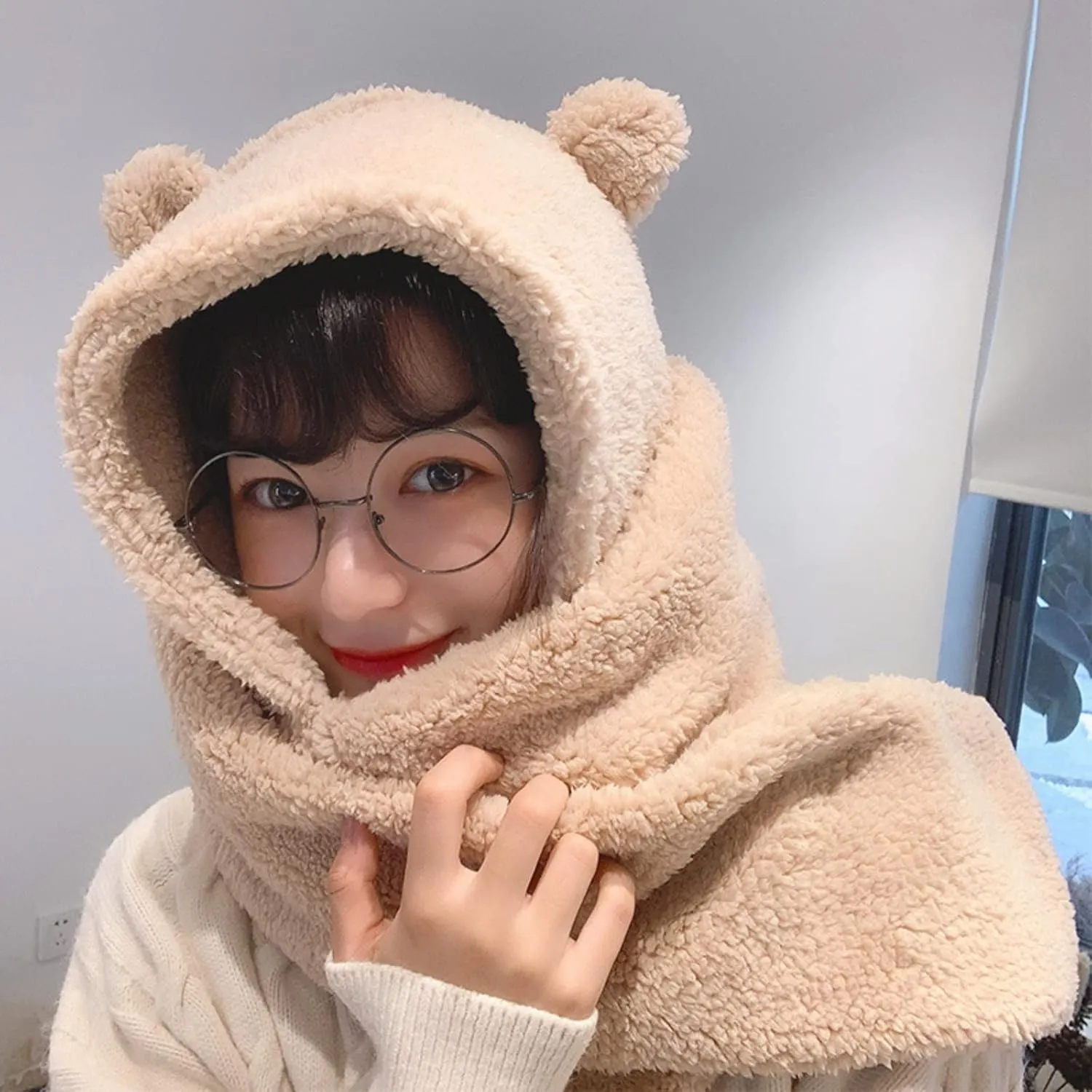 Women Kawaii Bear Ear Beanie Hat Scarf 2 in 1 - Cute Winter Warm Sherpa Thicken Fleece Fuzzy Japanese Fluffy Knit Hat Cap