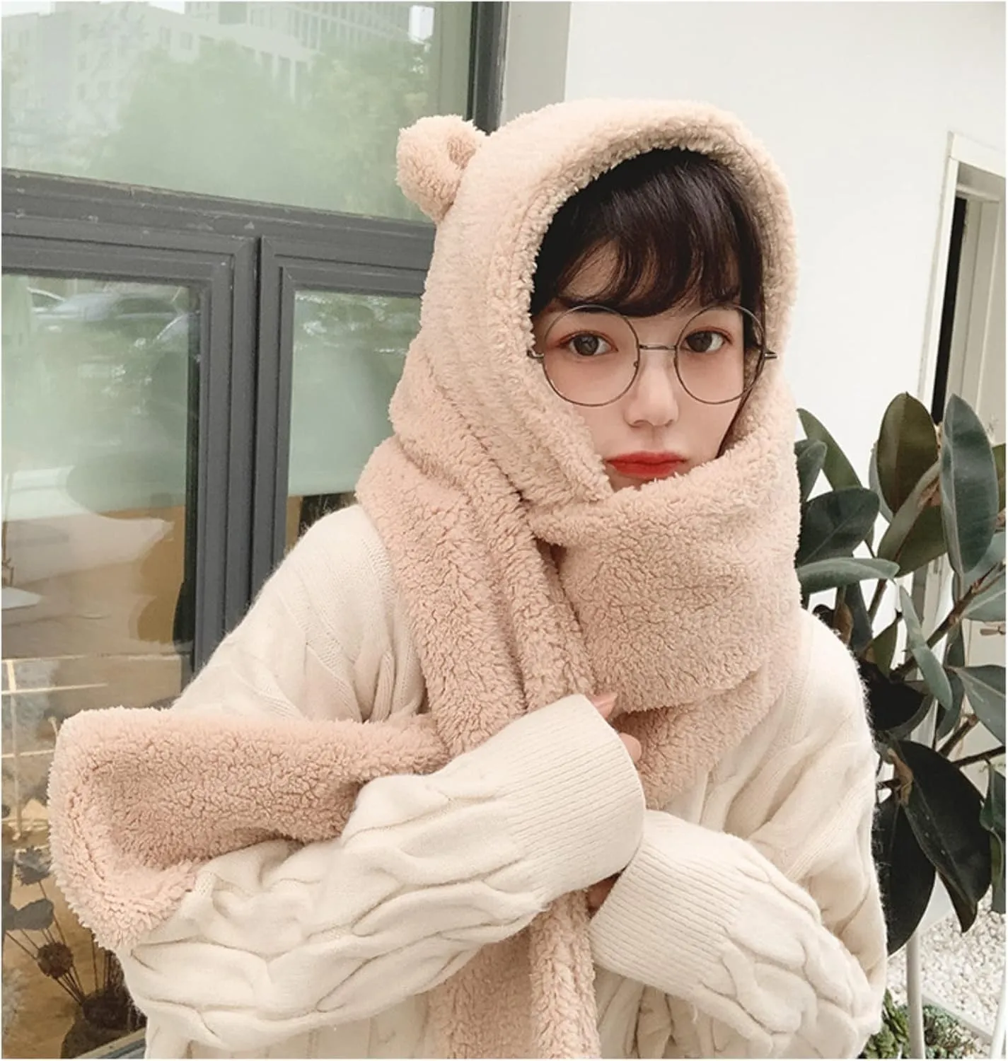 Women Kawaii Bear Ear Beanie Hat Scarf 2 in 1 - Cute Winter Warm Sherpa Thicken Fleece Fuzzy Japanese Fluffy Knit Hat Cap