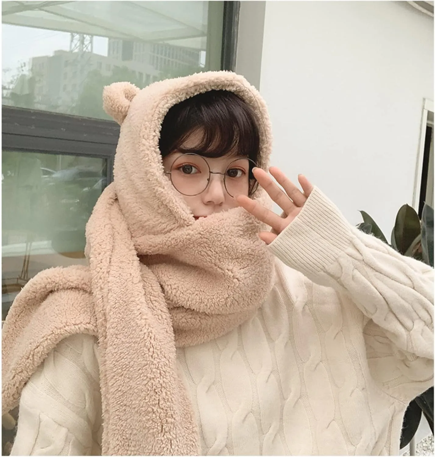 Women Kawaii Bear Ear Beanie Hat Scarf 2 in 1 - Cute Winter Warm Sherpa Thicken Fleece Fuzzy Japanese Fluffy Knit Hat Cap