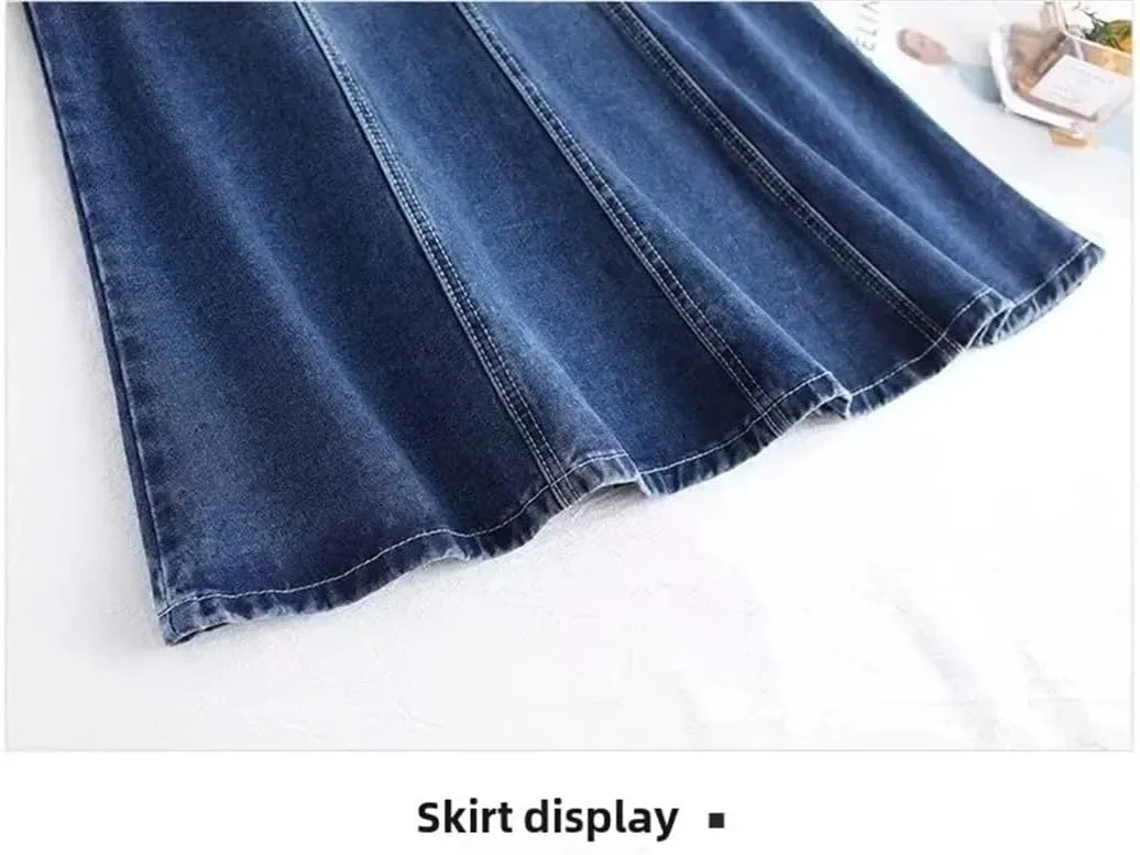 Women Plus Size High-Waisted Denim Skirt with Fringe for Spring A- Line Medium-Length Umbrella Skirt
