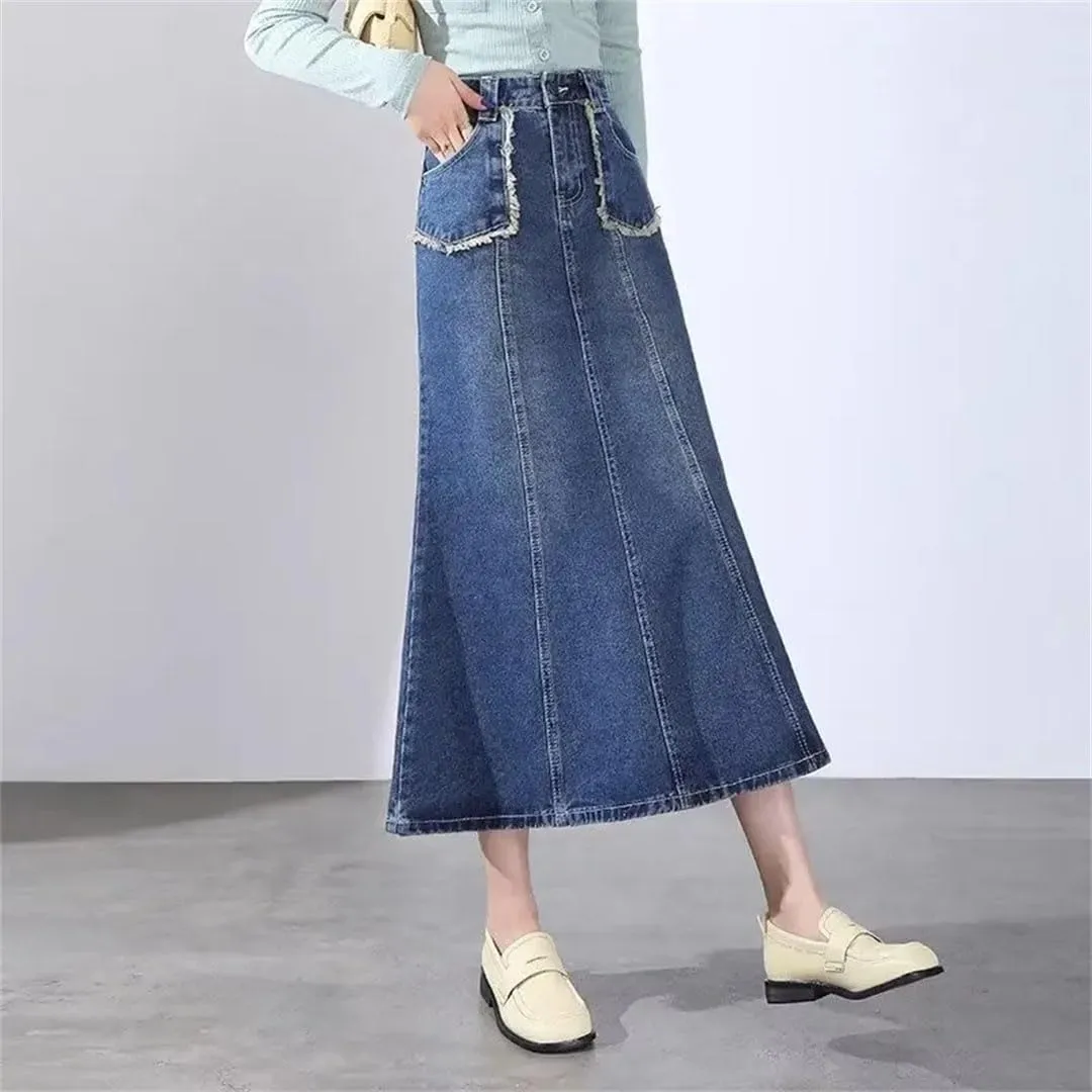 Women Plus Size High-Waisted Denim Skirt with Fringe for Spring A- Line Medium-Length Umbrella Skirt