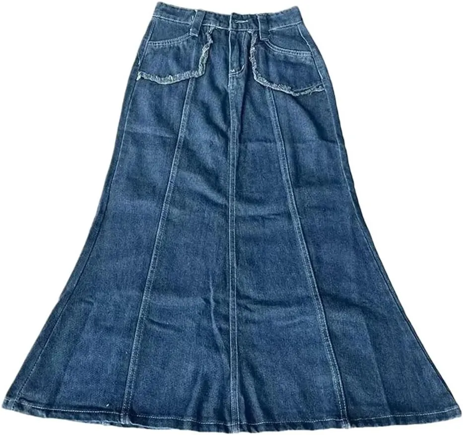 Women Plus Size High-Waisted Denim Skirt with Fringe for Spring A- Line Medium-Length Umbrella Skirt