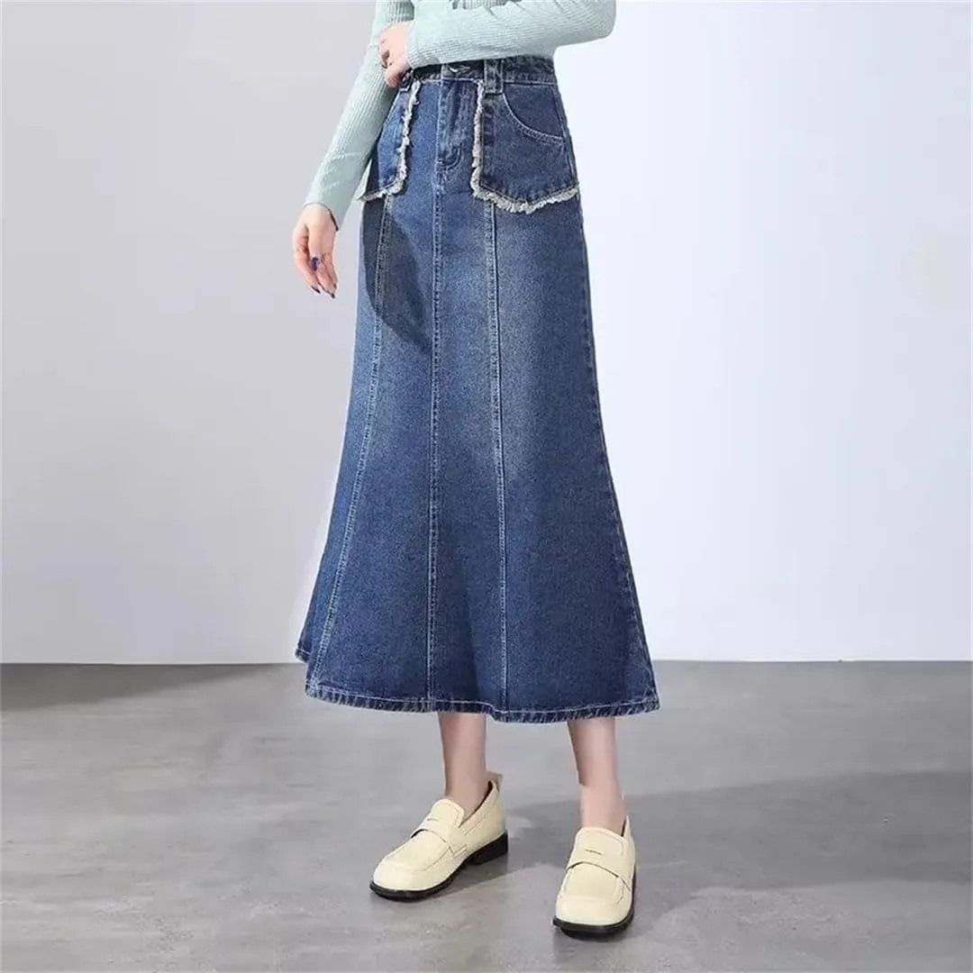 Women Plus Size High-Waisted Denim Skirt with Fringe for Spring A- Line Medium-Length Umbrella Skirt