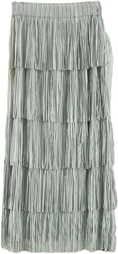 Women Slimming Fringed Cake Skirt Elastic Waist Medium-Length Long Skirt