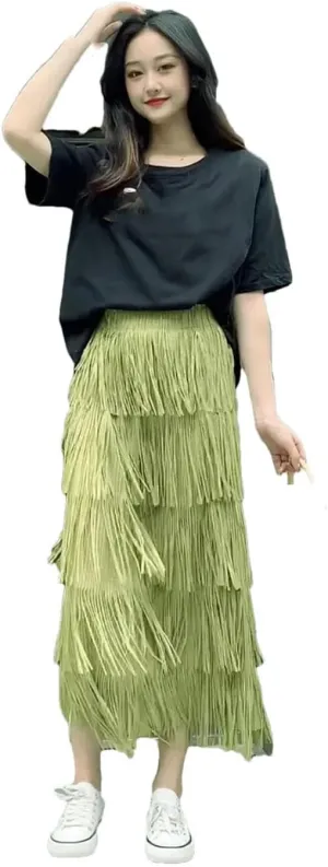 Women Slimming Fringed Cake Skirt Elastic Waist Medium-Length Long Skirt