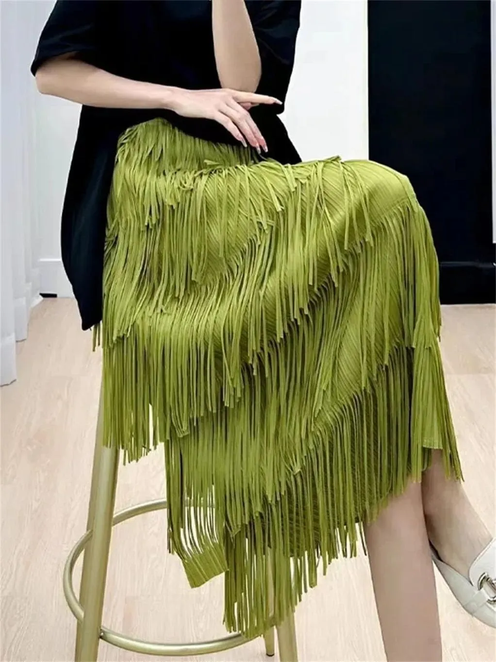 Women Slimming Fringed Cake Skirt Elastic Waist Medium-Length Long Skirt