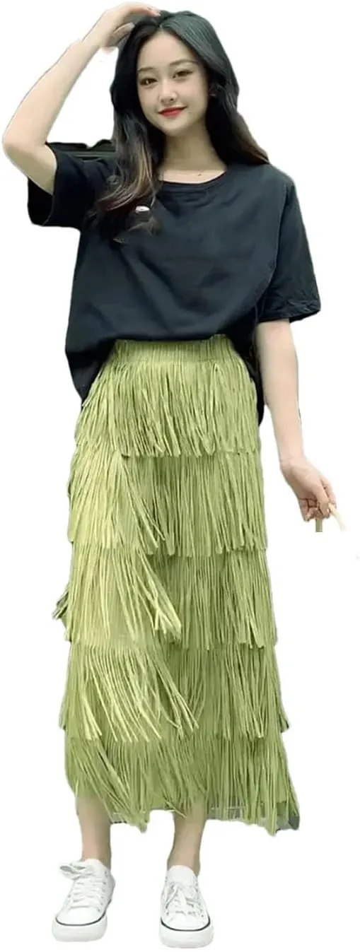 Women Slimming Fringed Cake Skirt Elastic Waist Medium-Length Long Skirt
