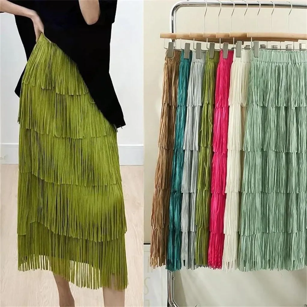 Women Slimming Fringed Cake Skirt Elastic Waist Medium-Length Long Skirt