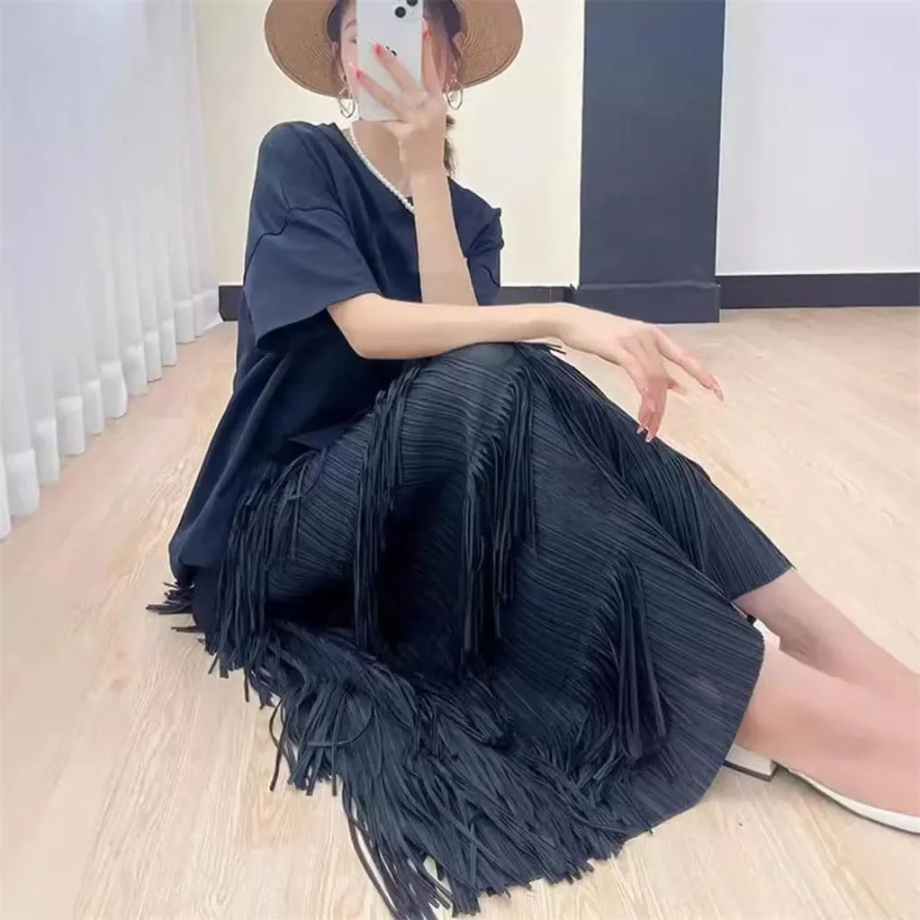 Women Slimming Fringed Cake Skirt Elastic Waist Medium-Length Long Skirt