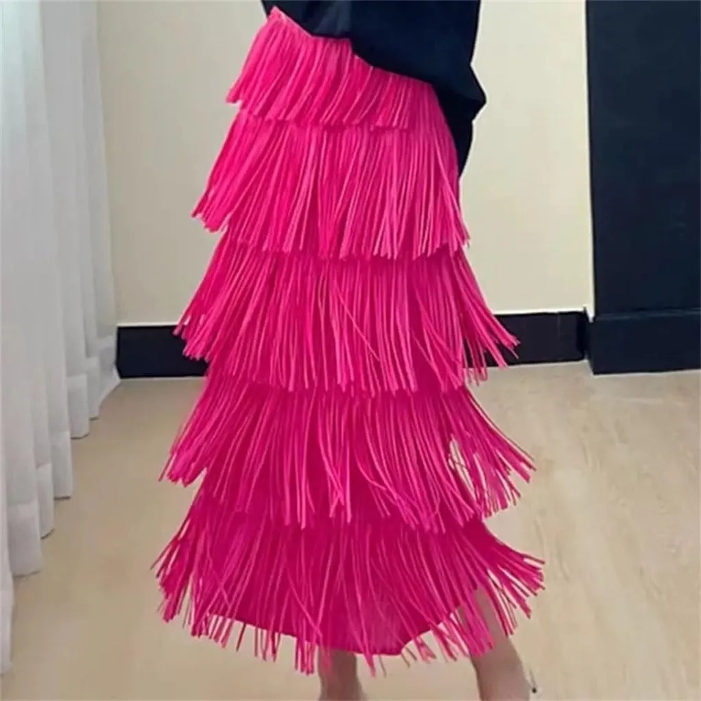Women Slimming Fringed Cake Skirt Elastic Waist Medium-Length Long Skirt