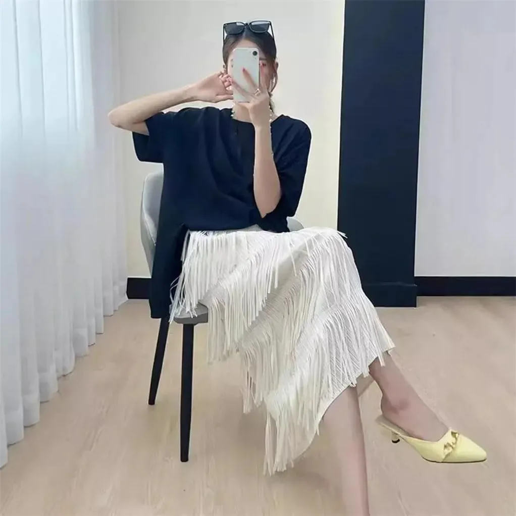Women Slimming Fringed Cake Skirt Elastic Waist Medium-Length Long Skirt