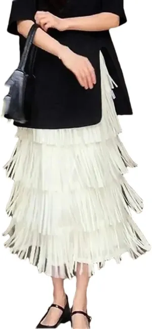 Women Slimming Fringed Cake Skirt Elastic Waist Medium-Length Long Skirt