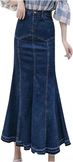Women Top Denim Skirt Medium Length Skirt Slim Fit Women Top Denim Skirt Button-Front Skirt Midi Skirt Umbrella Skirt Dark Blue
