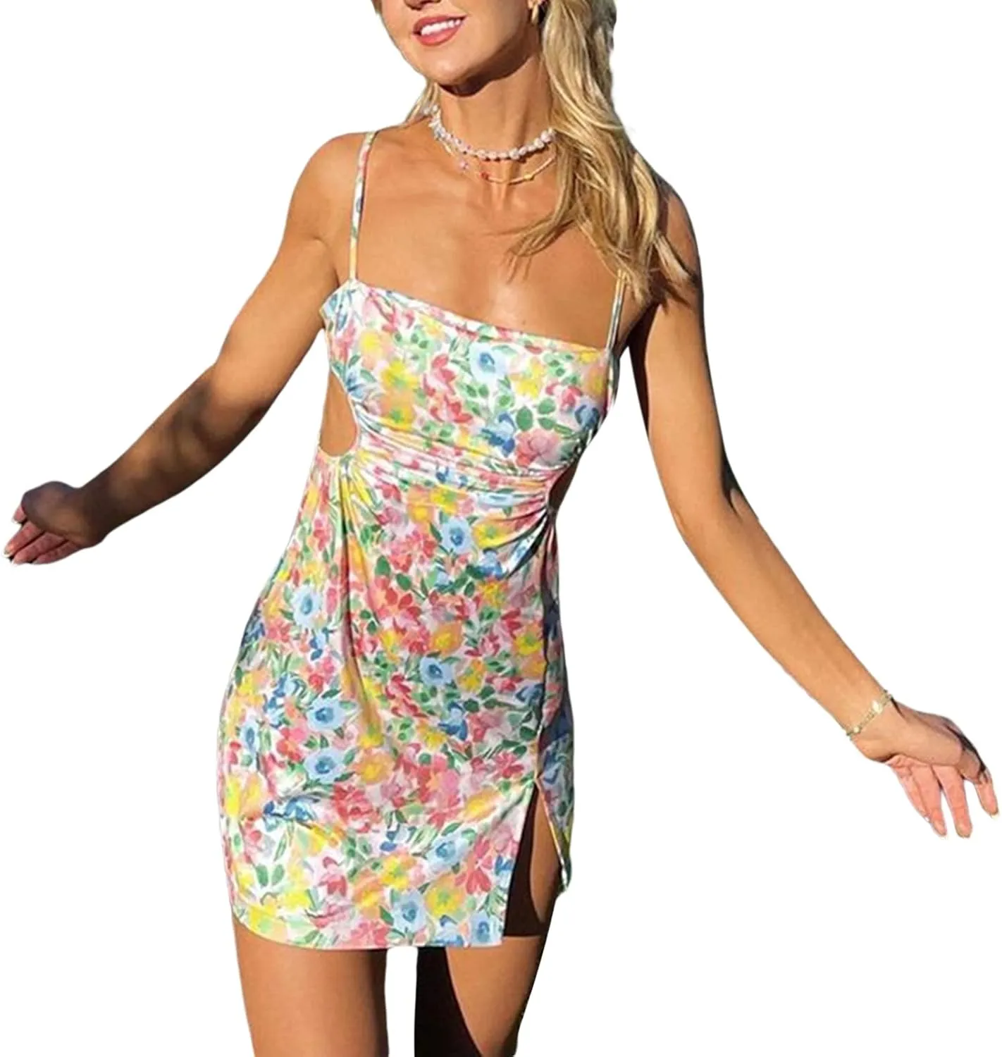 Women Y2k Floral Deep V Neck Mini Dress Sleeveless Low Cut Cutout Backless Slip Mini Dress