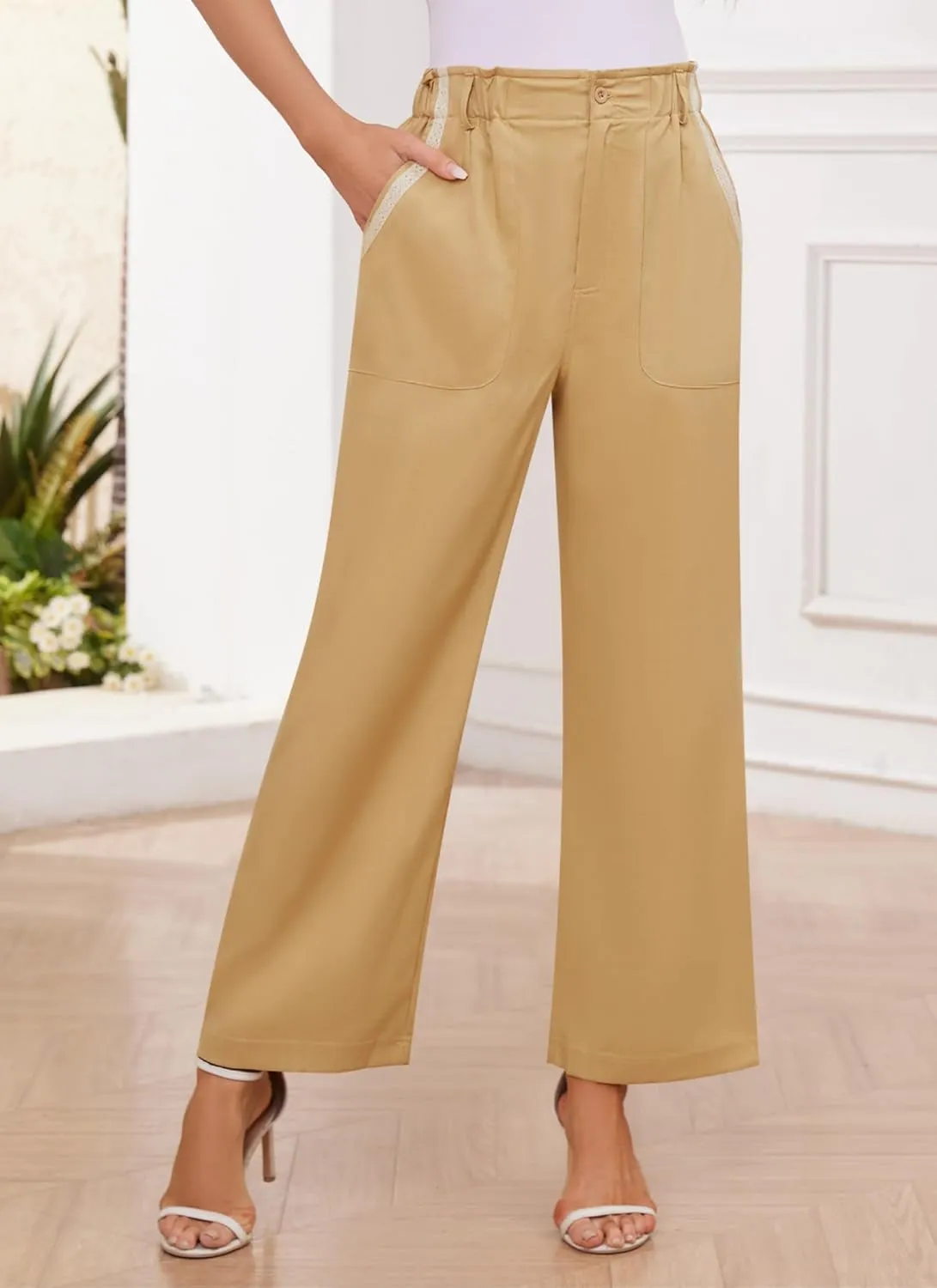 Women's Brown High Waisted Wide Leg Dress Pants - Casual Palazzo Trousers - Medium